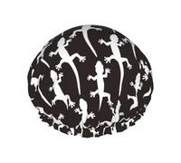 Hair Cap for Shower - Cute Gecko Lizard Black White Double Layer Shower Cap Reusable Waterproof, Large Shower Cap for Women, Hair Cap for Shower with Peva Lining and Elastic Rope
