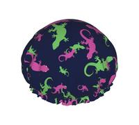 Hair Cap for Shower - Cute Gecko Lizard Green Rose Red Large Shower Cap Reusable Waterproof, Double Layer Shower Cap for Women, Hair Cap for Shower with Peva Lining and Elastic Rope
