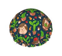 Hair Cap for Shower - Cute Hedgehogs Cactus Blue Double Layer Shower Cap Reusable, Large Shower Cap for Women, Hair Cap for Shower with Peva Lining and Elastic Rope