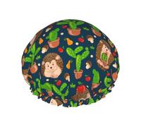 Hair Cap for Shower - Cute Hedgehogs Cactus Blue Large Shower Cap Reusable Waterproof, Double Layer Shower Cap for Women, Hair Cap for Shower with Peva Lining and Elastic Rope