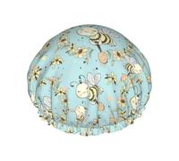 Hair Cap for Shower - Cute Honeybees Double Layer Shower Cap Reusable Waterproof, Large Shower Cap for Women, Hair Cap for Shower with Peva Lining and Elastic Rope
