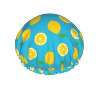 Hair Cap for Shower - Cute Lemon Cyan Blue Double Layer Shower Cap Reusable Waterproof, Large Shower Cap for Women, Hair Cap for Shower with Peva Lining and Elastic Rope