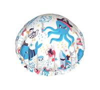 Hair Cap for Shower - Cute Pirate Shark Whale Octopus Large Shower Cap Reusable Waterproof, Double Layer Shower Cap for Women, Hair Cap for Shower with Peva Lining and Elastic Rope