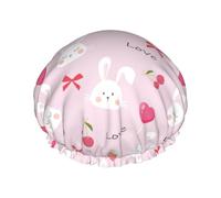 Hair Cap for Shower - Cute Rabbit Love Sugar Pink Double Layer Shower Cap Reusable Waterproof, Large Shower Cap for Women, Hair Cap for Shower with Peva Lining and Elastic Rope