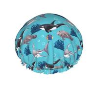 Hair Cap for Shower - Cute Shark Seal Whale Water Plant Double Layer Shower Cap Reusable Waterproof, Large Shower Cap for Women, Hair Cap for Shower with Peva Lining and Elastic Rope