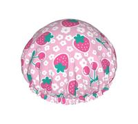 Hair Cap for Shower - Cute Strawberry Sea of Flowers Large Shower Cap Reusable Waterproof, Double Layer Shower Cap for Women, Hair Cap for Shower with Peva Lining and Elastic Rope