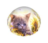Hair Cap for Shower - Daisy Sunflower Lazy Cat Double Layer Shower Cap Reusable, Large Shower Cap for Women, Hair Cap for Shower with Peva Lining and Elastic Rope