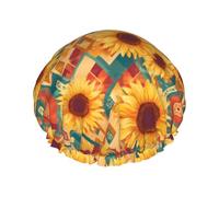 Hair Cap for Shower - Diamond Bohemian Sunflower Double Layer Shower Cap Reusable Waterproof, Large Shower Cap for Women, Hair Cap for Shower with Peva Lining and Elastic Rope
