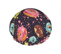 Hair Cap for Shower - Donut Print No.9017 Large Shower Cap Reusable Waterproof, Double Layer Shower Cap for Women, Hair Cap for Shower with Peva Lining and Elastic Rope