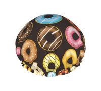 Hair Cap for Shower - Donut Print No.9036 Large Shower Cap Reusable Waterproof, Double Layer Shower Cap for Women, Hair Cap for Shower with Peva Lining and Elastic Rope