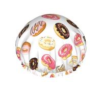 Hair Cap for Shower - Donut Print White Double Layer Shower Cap Reusable, Large Shower Cap for Women, Hair Cap for Shower with Peva Lining and Elastic Rope