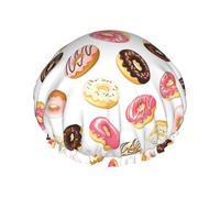Hair Cap for Shower - Donut Print White Large Shower Cap Reusable Waterproof, Double Layer Shower Cap for Women, Hair Cap for Shower with Peva Lining and Elastic Rope