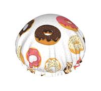 Hair Cap for Shower - Donut Print White Polka Dots Large Shower Cap Reusable Waterproof, Double Layer Shower Cap for Women, Hair Cap for Shower with Peva Lining and Elastic Rope