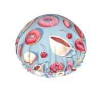 Hair Cap for Shower - Donut Strawberry Coffee Print Large Shower Cap Reusable Waterproof, Double Layer Shower Cap for Women, Hair Cap for Shower with Peva Lining and Elastic Rope