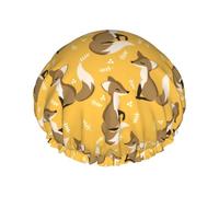 Hair Cap for Shower - Fox Leaf Print Yellow Double Layer Shower Cap Reusable Waterproof, Large Shower Cap for Women, Hair Cap for Shower with Peva Lining and Elastic Rope