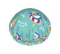 Hair Cap for Shower - Funny cartoon sharks Double Layer Shower Cap Reusable Waterproof, Large Shower Cap for Women, Hair Cap for Shower with Peva Lining and Elastic Rope
