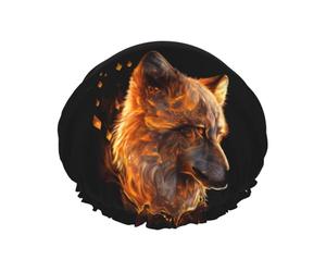 Hair Cap for Shower - Gold Flame Pattern Wolf Double Layer Shower Cap Reusable, Large Shower Cap for Women, Hair Cap for Shower with Peva Lining and Elastic Rope