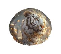 Hair Cap for Shower - Golden White Tiger Double Layer Shower Cap Reusable, Large Shower Cap for Women, Hair Cap for Shower with Peva Lining and Elastic Rope