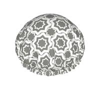 Hair Cap for Shower - Gray Geometric Star Array Double Layer Shower Cap Reusable Waterproof, Large Shower Cap for Women, Hair Cap for Shower with Peva Lining and Elastic Rope