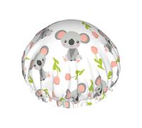 Hair Cap for Shower - Gray Koala Pink Tulip Double Layer Shower Cap Reusable Waterproof, Large Shower Cap for Women, Hair Cap for Shower with Peva Lining and Elastic Rope