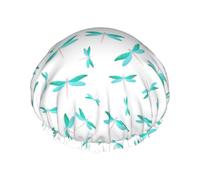 Hair Cap for Shower - Green Dragonfly Print White Double Layer Shower Cap Reusable Waterproof, Large Shower Cap for Women, Hair Cap for Shower with Peva Lining and Elastic Rope