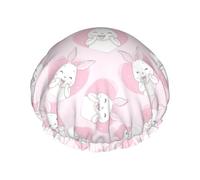 Hair Cap for Shower - Happy Cute Rabbit Love Pink Large Shower Cap Reusable Waterproof, Double Layer Shower Cap for Women, Hair Cap for Shower with Peva Lining and Elastic Rope