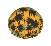Hair Cap for Shower - Hawaiian Style Black Coconut Tree Double Layer Shower Cap Reusable Waterproof, Large Shower Cap for Women, Hair Cap for Shower with Peva Lining and Elastic Rope
