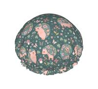 Hair Cap for Shower - Hedgehogs and Flowers Double Layer Shower Cap Reusable Waterproof, Large Shower Cap for Women, Hair Cap for Shower with Peva Lining and Elastic Rope