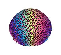 Hair Cap for Shower - Leopard Neon Rainbow Gradient Double Layer Shower Cap Reusable Waterproof, Large Shower Cap for Women, Hair Cap for Shower with Peva Lining and Elastic Rope