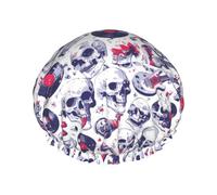 Hair Cap for Shower - music Skull record mike Large Shower Cap Reusable Waterproof, Double Layer Shower Cap for Women, Hair Cap for Shower with Peva Lining and Elastic Rope