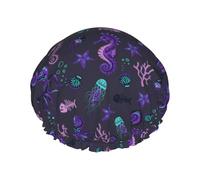 Hair Cap for Shower - Octopus Seahorse Jellyfish Purple Double Layer Shower Cap Reusable Waterproof, Large Shower Cap for Women, Hair Cap for Shower with Peva Lining and Elastic Rope
