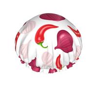 Hair Cap for Shower - Onion red chili Large Shower Cap Reusable Waterproof, Double Layer Shower Cap for Women, Hair Cap for Shower with Peva Lining and Elastic Rope
