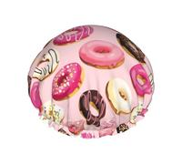 Hair Cap for Shower - Pink Brown White Donut Print Double Layer Shower Cap Reusable Waterproof, Large Shower Cap for Women, Hair Cap for Shower with Peva Lining and Elastic Rope