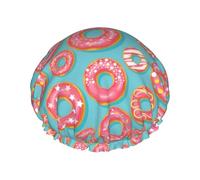 Hair Cap for Shower - Pink Donut Print Blue Large Shower Cap Reusable Waterproof, Double Layer Shower Cap for Women, Hair Cap for Shower with Peva Lining and Elastic Rope