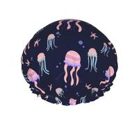 Hair Cap for Shower - Pink Starfish Jellyfish Large Shower Cap Reusable Waterproof, Double Layer Shower Cap for Women, Hair Cap for Shower with Peva Lining and Elastic Rope