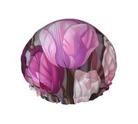 Hair Cap for Shower - Purple And Pink Tulip Bouquet Double Layer Shower Cap Reusable, Large Shower Cap for Women, Hair Cap for Shower with Peva Lining and Elastic Rope