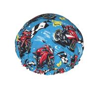 Hair Cap For Shower - Red Motorcycle Rider Print Double Layer Reusable Waterproof Shower Cap With Peva Lining And Elastic Rope, Large Shower Cap For Women And Men Color219