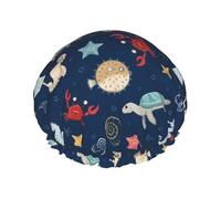 Hair Cap for Shower - Sea creatures Double Layer Shower Cap Reusable, Large Shower Cap for Women, Hair Cap for Shower with Peva Lining and Elastic Rope