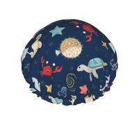 Hair Cap for Shower - Sea creatures Large Shower Cap Reusable Waterproof, Double Layer Shower Cap for Women, Hair Cap for Shower with Peva Lining and Elastic Rope