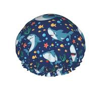Hair Cap for Shower - Sea Sharks Double Layer Shower Cap Reusable Waterproof, Large Shower Cap for Women, Hair Cap for Shower with Peva Lining and Elastic Rope