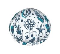Hair Cap for Shower - seashells starfish corals seaweeds Large Shower Cap Reusable Waterproof, Double Layer Shower Cap for Women, Hair Cap for Shower with Peva Lining and Elastic Rope