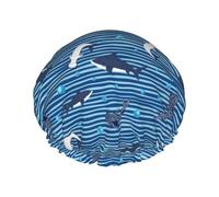 Hair Cap for Shower - Sharks on White Blue Striped Double Layer Shower Cap Reusable Waterproof, Large Shower Cap for Women, Hair Cap for Shower with Peva Lining and Elastic Rope