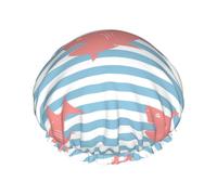Hair Cap for Shower - Striped Cool Shark Rose Red Large Shower Cap Reusable Waterproof, Double Layer Shower Cap for Women, Hair Cap for Shower with Peva Lining and Elastic Rope