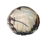 Hair Cap for Shower - Swordsman Cool Dragon Double Layer Shower Cap Reusable Water-resistant, Large Shower Cap for Women, Hair Cap for Shower with Peva Lining and Elastic Rope