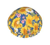 Hair Cap for Shower - Vintage White Yellow Sunflower Large Shower Cap Reusable Waterproof, Double Layer Shower Cap for Women, Hair Cap for Shower with Peva Lining and Elastic Rope
