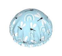 Hair Cap for Shower - White Blue Dragonfly Double Layer Shower Cap Reusable Waterproof, Large Shower Cap for Women, Hair Cap for Shower with Peva Lining and Elastic Rope