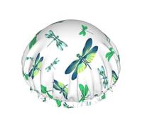 Hair Cap for Shower - White Green Dragonfly Double Layer Shower Cap Reusable Waterproof, Large Shower Cap for Women, Hair Cap for Shower with Peva Lining and Elastic Rope