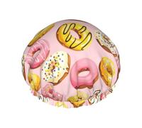 Hair Cap for Shower - Yellow Pink White Donut Print Large Shower Cap Reusable Waterproof, Double Layer Shower Cap for Women, Hair Cap for Shower with Peva Lining and Elastic Rope