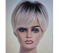 Hair Care Short Ombre Blonde Curly Shoulder Length Synthetic 100% Human Hair Wigs for Women,Pixie Cut Straight Wig With Bang Natural Wigs