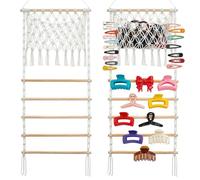 Hair Claw Clip Holder Hanger, Macrame Wall Hanging Hair Bow Display, Accessories Bow Hanger Storage Rack, Headband Storage Organizer, with Mesh Pocket for Nursery Girls Room Holds 20 to 30